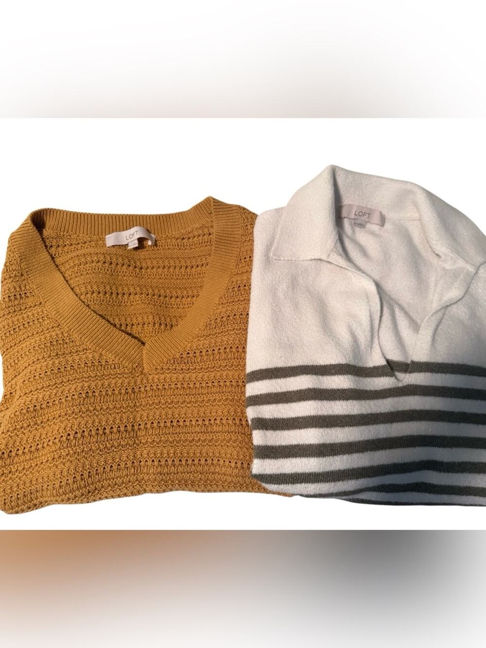 LOFT Fall Capsule Sweater Bundle 2pc Mustard Knit & Striped Polo Size L
